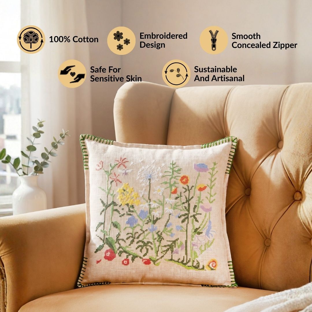 Prairie Floral Embroidered Cushion Cover 46x46cm Nestasia