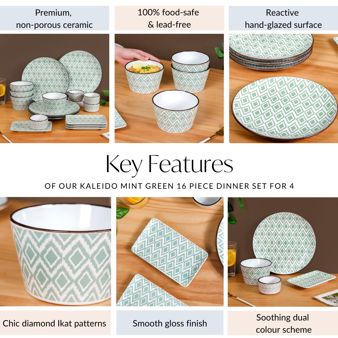 Kaleido Mint Green 16 Piece Dinner Set For 4 Nestasia