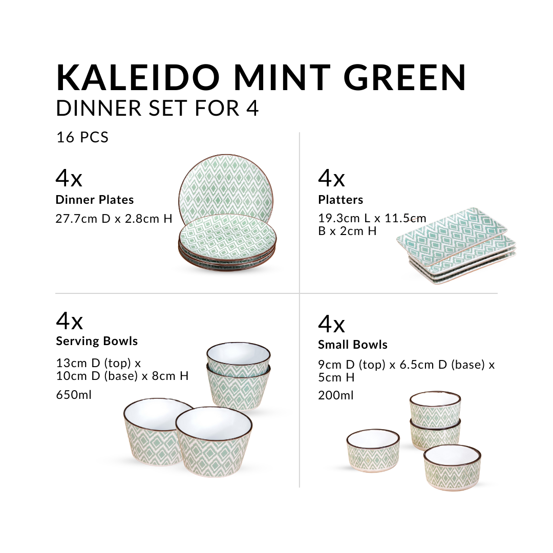 Kaleido Mint Green 16 Piece Dinner Set For 4 Nestasia