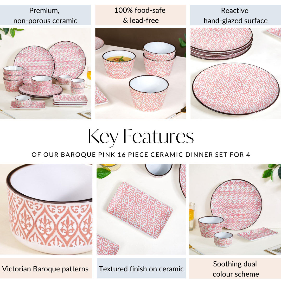 Baroque Pink 16 Piece Ceramic Dinner Set For 4 Nestasia
