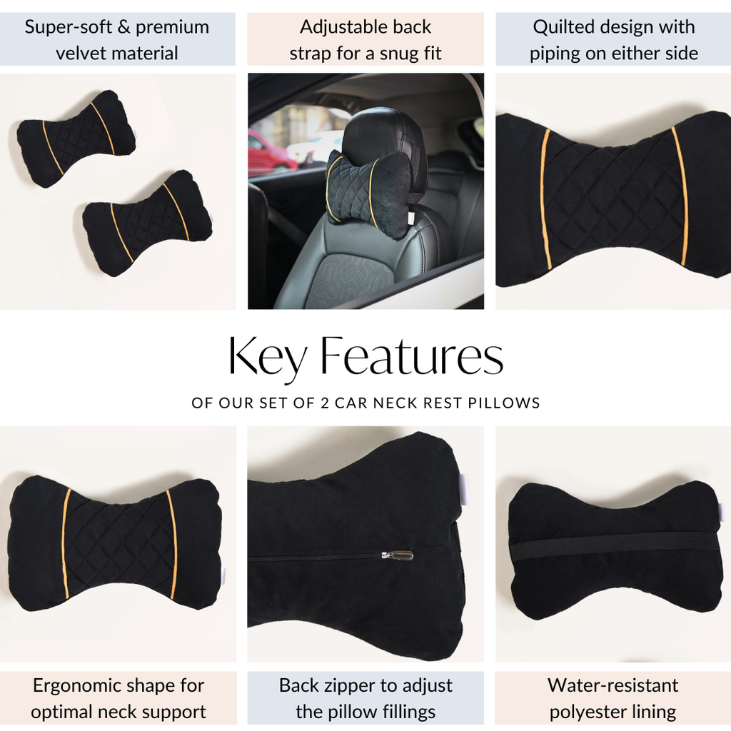 Premium Quilted Car Neck Rest Pillow Set Of 2 Black Nestasia
