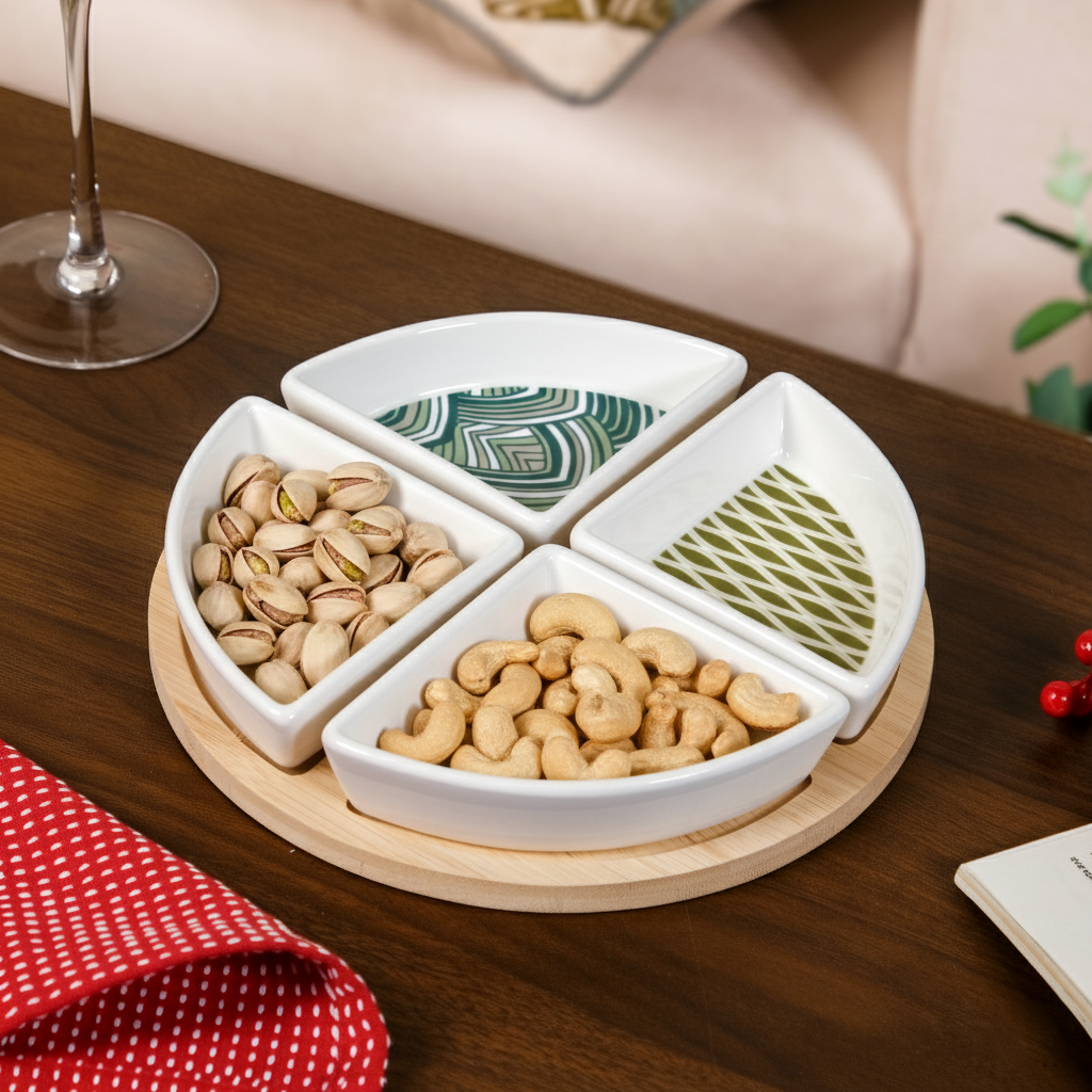 Sage Scape Sectioned Platter With Wooden Tray Set Of 5 Nestasia