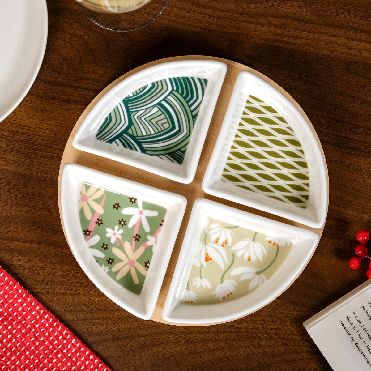 Sage Scape Sectioned Platter With Wooden Tray Set Of 5 Nestasia