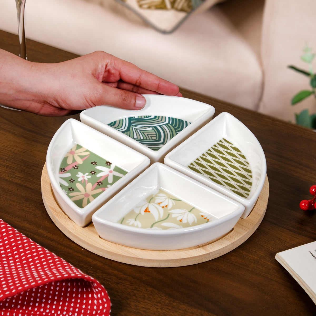 Sage Scape Sectioned Platter With Wooden Tray Set Of 5 Nestasia