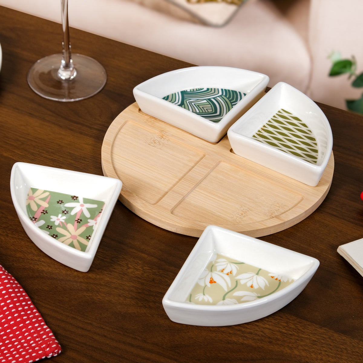 Sage Scape Sectioned Platter With Wooden Tray Set Of 5 Nestasia