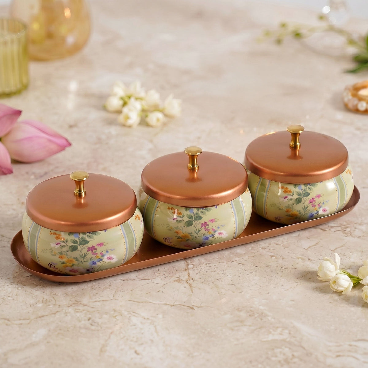 Printed Jar With Tray Set Of 4 In Gift Box Nestasia