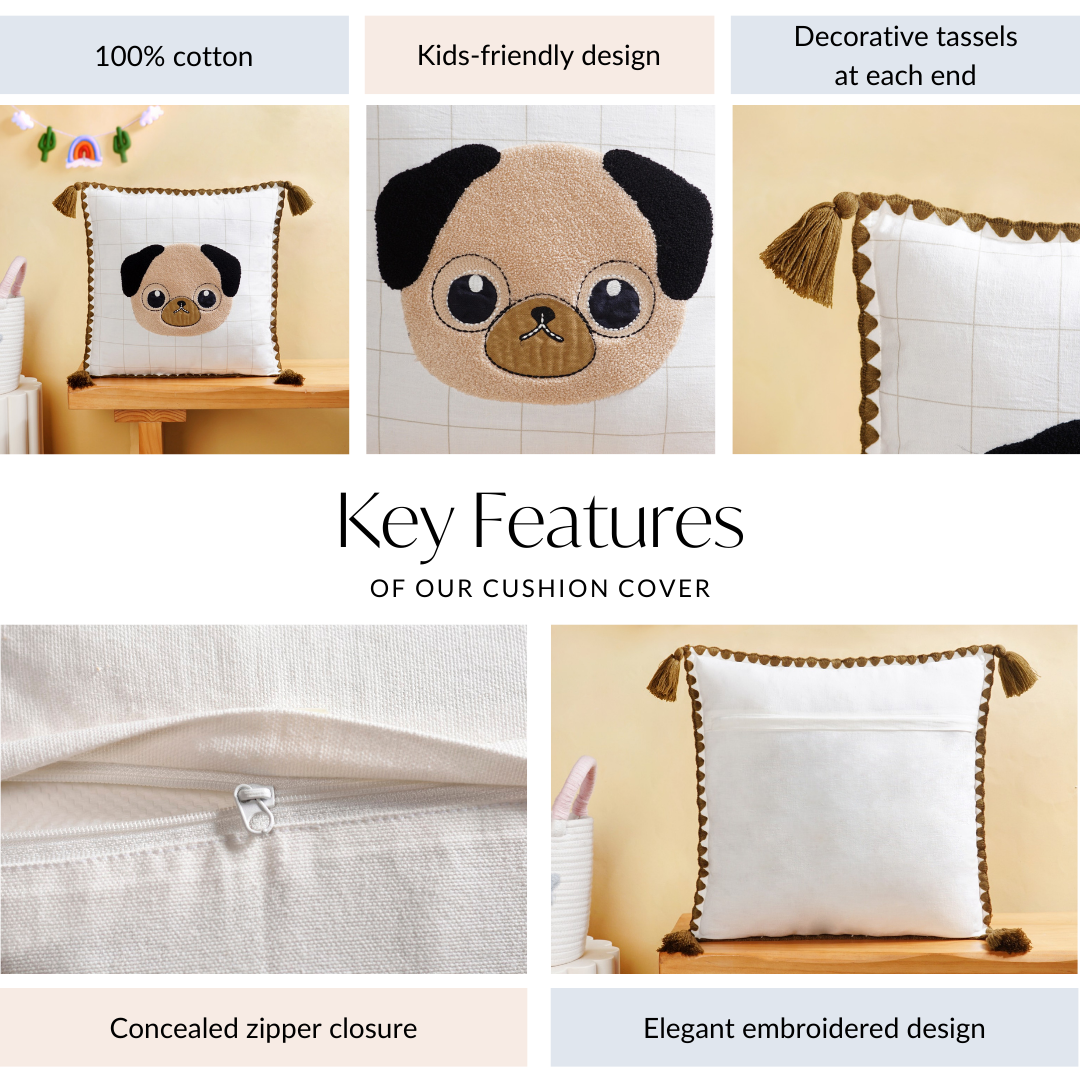 Pug Embroidered Cotton Kids Cushion Cover 42x42cm Nestasia