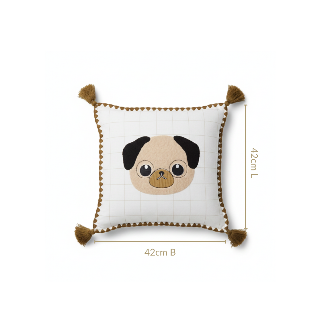 Pug Embroidered Cotton Kids Cushion Cover 42x42cm Nestasia