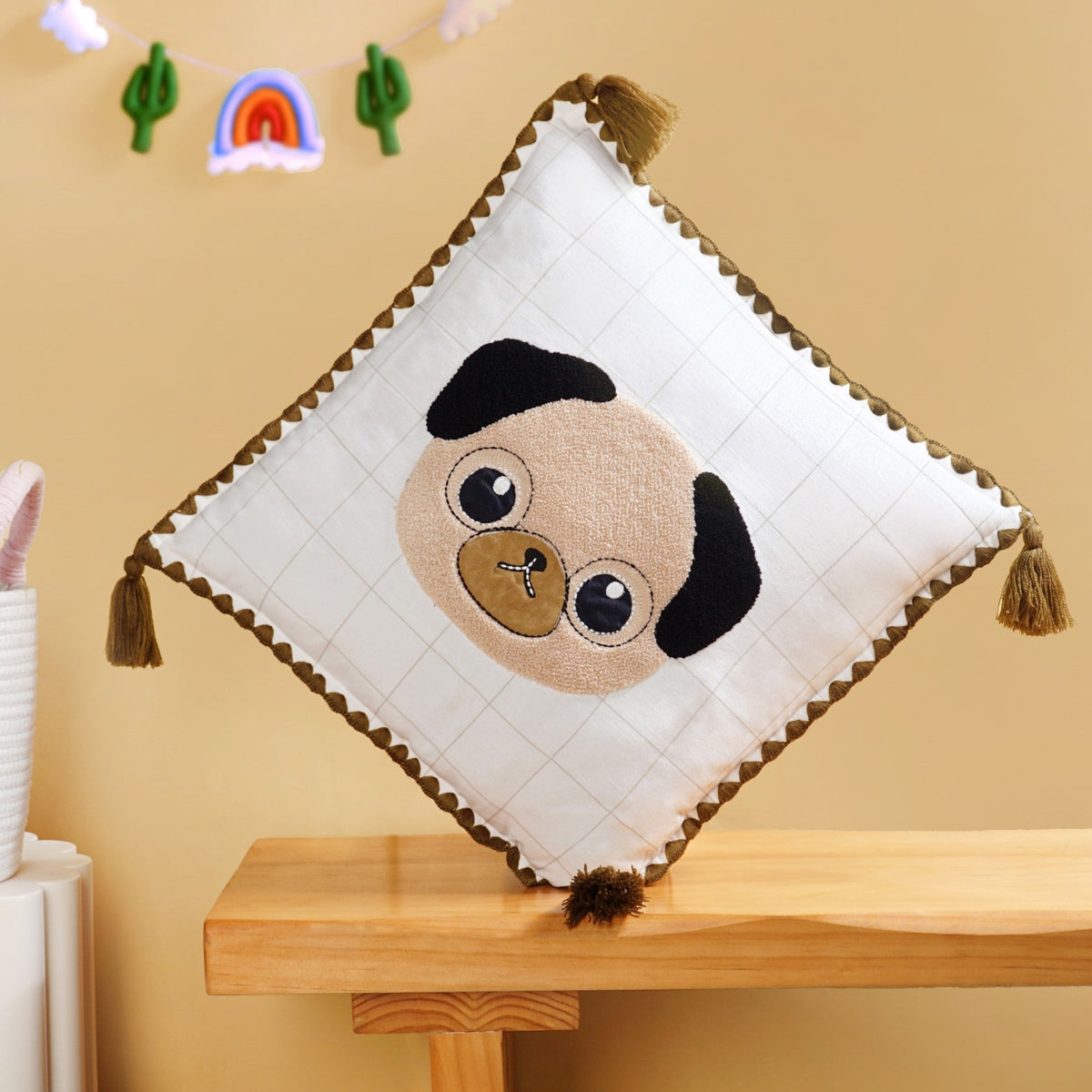 Pug Embroidered Cotton Kids Cushion Cover 42x42cm Nestasia