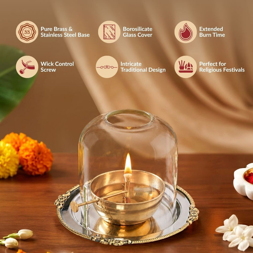 Pure Brass Akhand Jyoti Diya With Borosilicate Glass Cover Nestasia