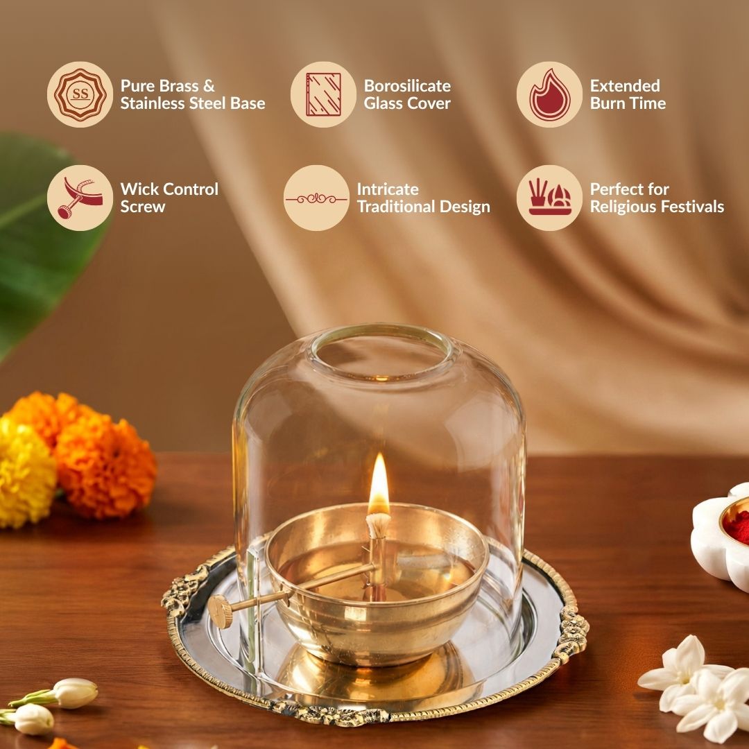 Pure Brass Akhand Jyoti Diya With Borosilicate Glass Cover Nestasia