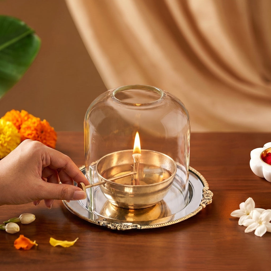 Pure Brass Akhand Jyoti Diya With Borosilicate Glass Cover Nestasia