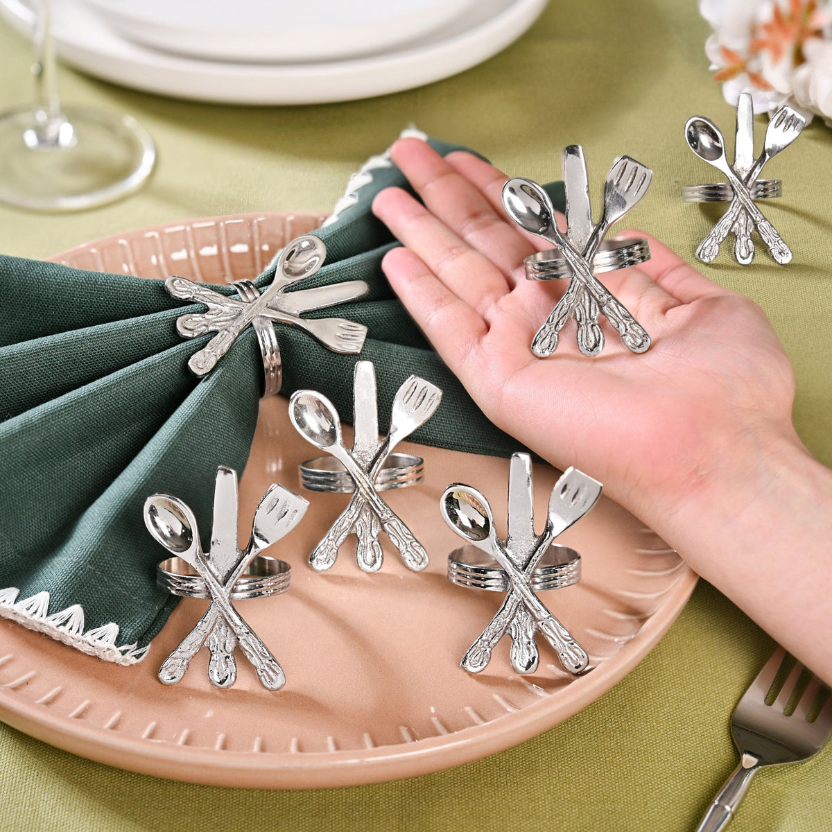 Cutlery Napkin Ring In Pure Brass Set Of 6 Silver Nestasia