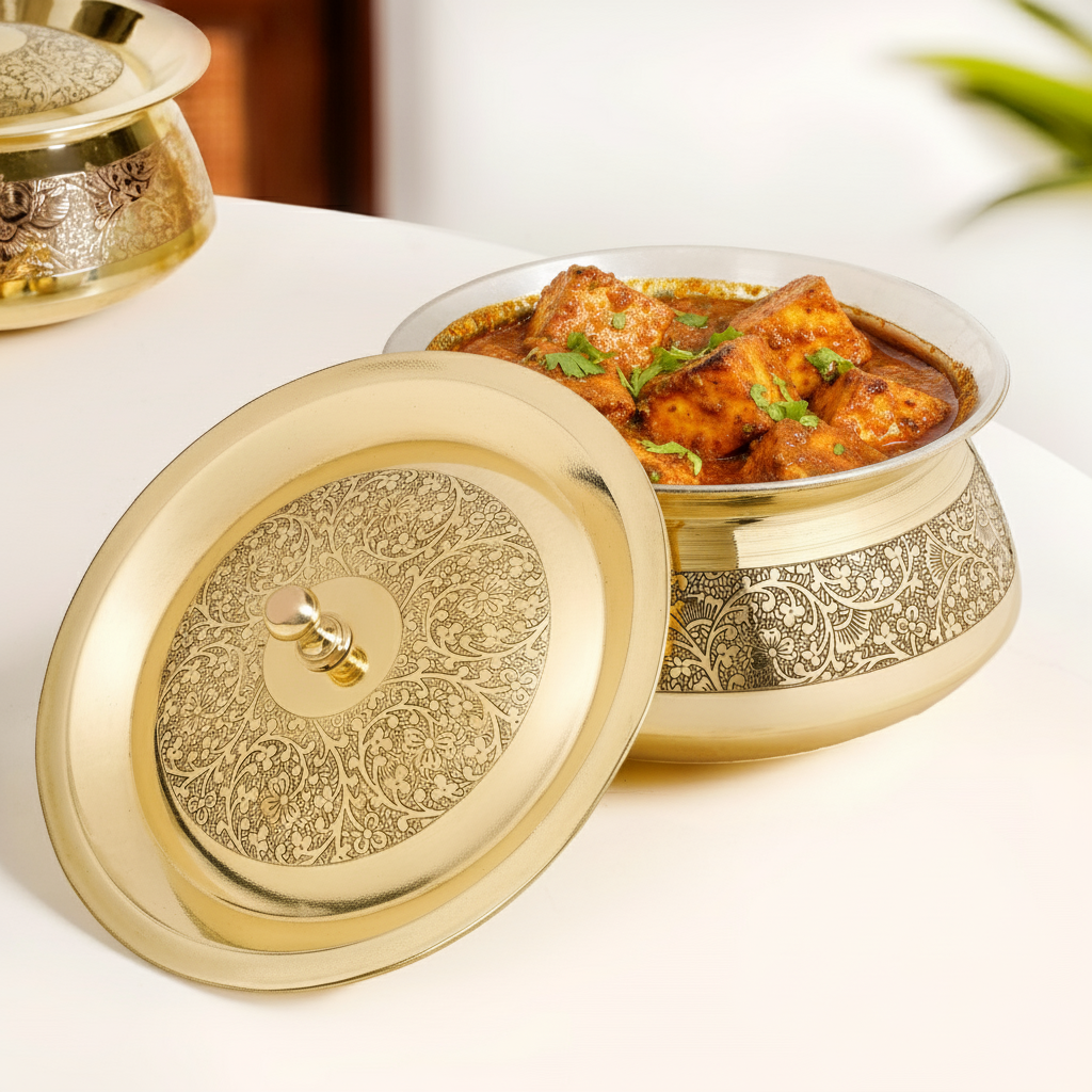 Pure Brass Embossed Handi Cooking Pot With Lid 2300ml Nestasia