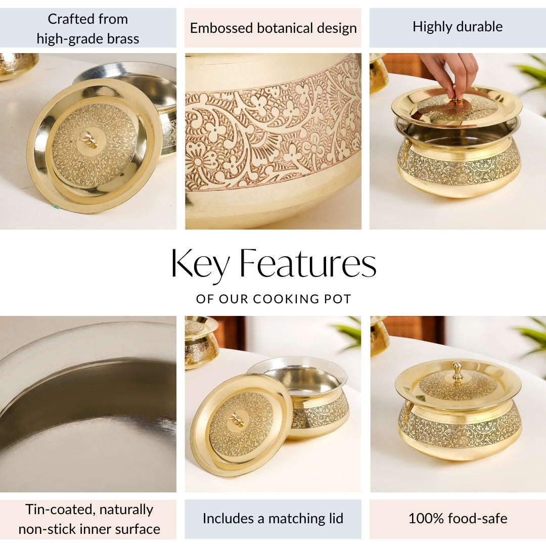 Pure Brass Embossed Handi Cooking Pot With Lid 2300ml Nestasia