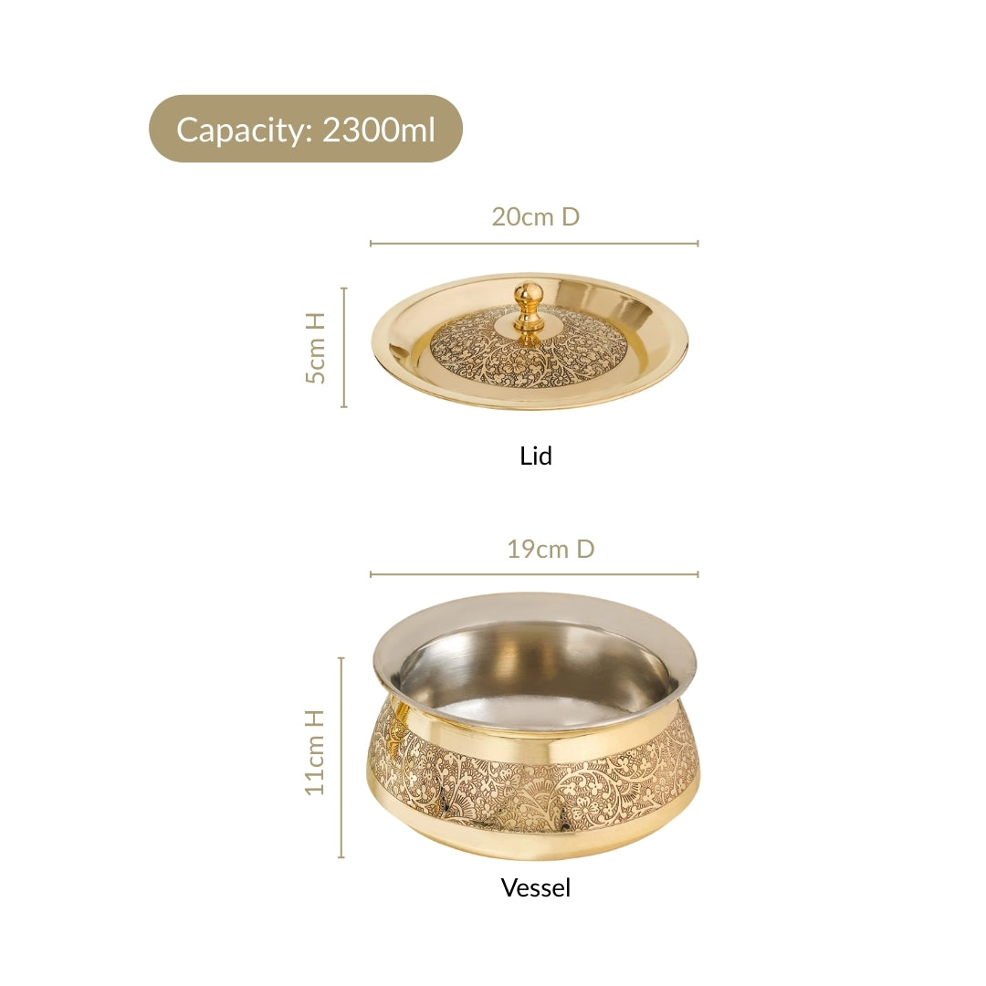 Pure Brass Embossed Handi Cooking Pot With Lid 2300ml Nestasia