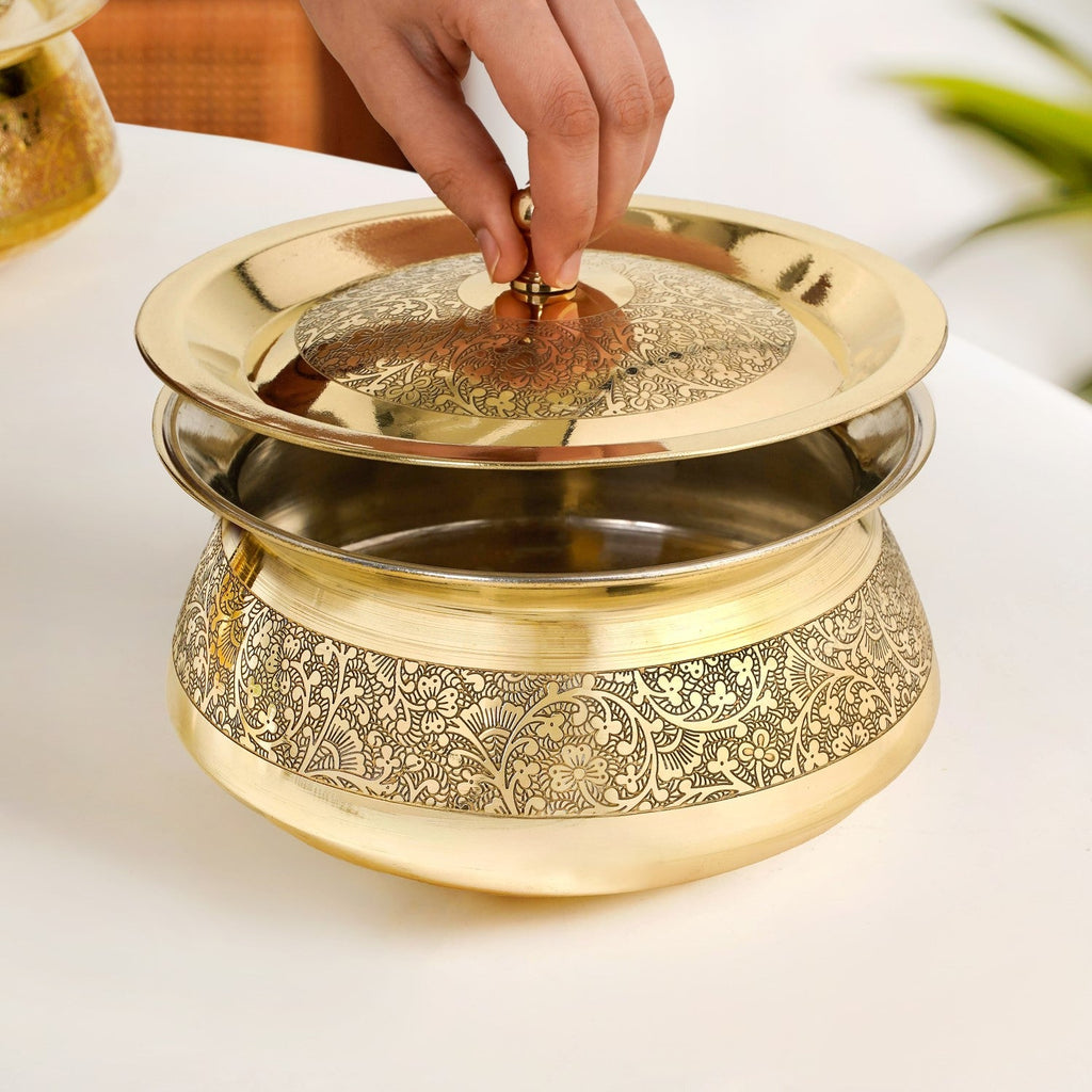 Pure Brass Embossed Handi Cooking Pot With Lid 2300ml Nestasia