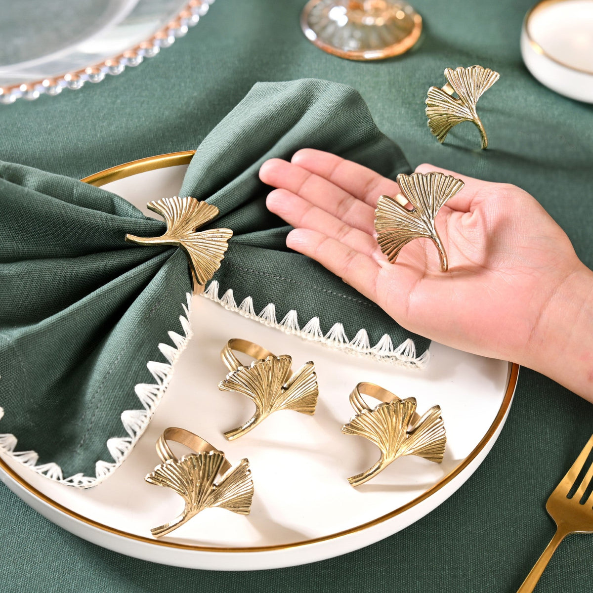 Gingko Leaf Napkin Ring In Pure Brass Set Of 6 Gold Nestasia