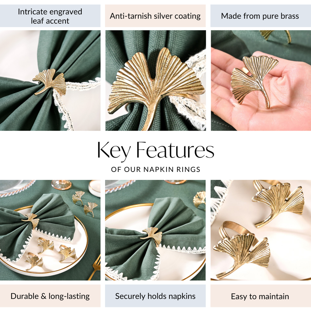 Gingko Leaf Napkin Ring In Pure Brass Set Of 6 Gold Nestasia