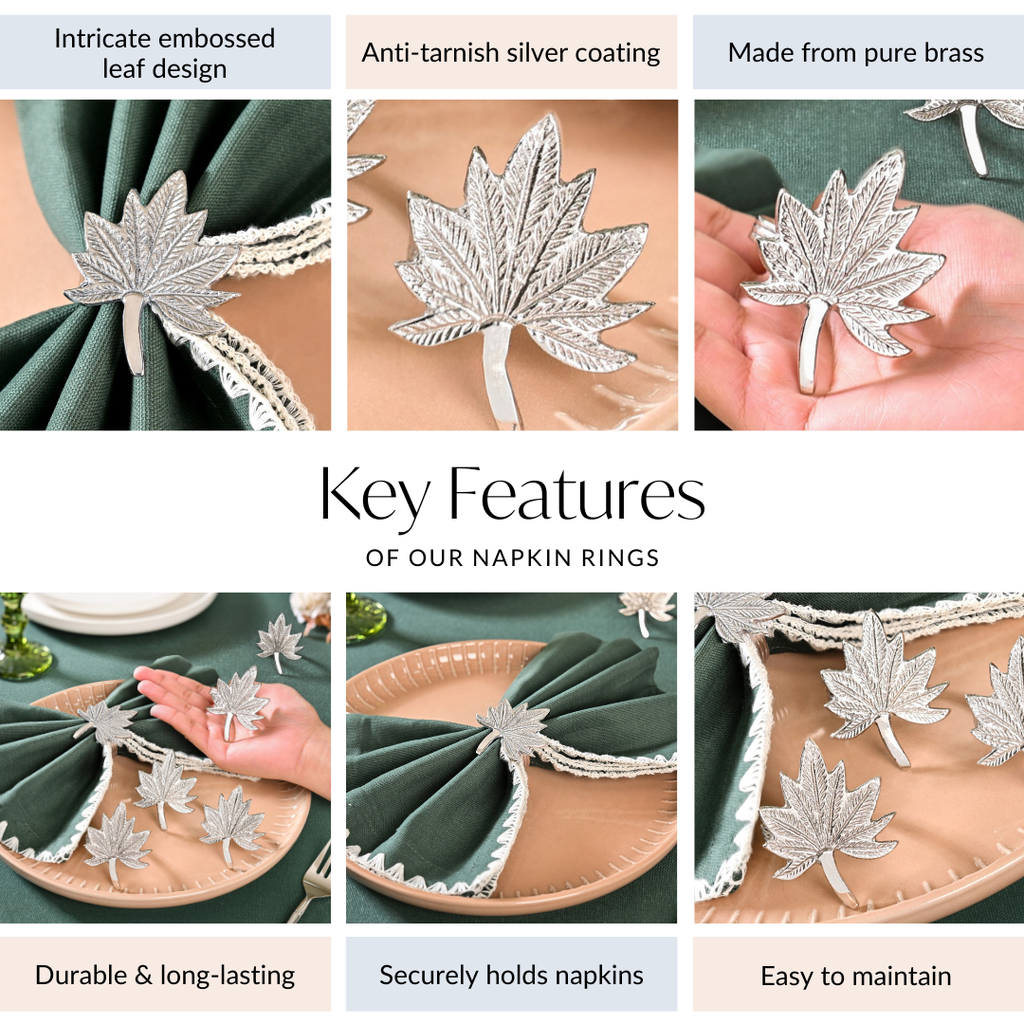Pure Brass Leaf Inspired Napkin Ring Set Of 6 Silver Nestasia