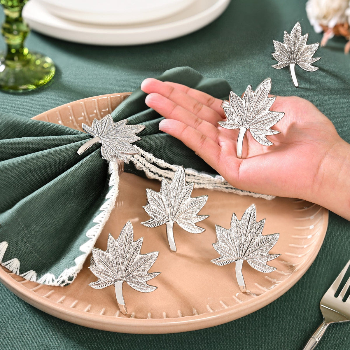 Pure Brass Leaf Inspired Napkin Ring Set Of 6 Silver Nestasia