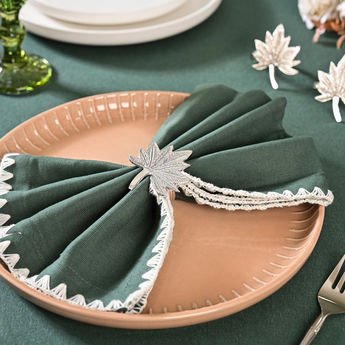 Pure Brass Leaf Inspired Napkin Ring Set Of 6 Silver Nestasia