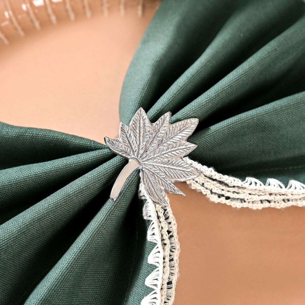 Pure Brass Leaf Inspired Napkin Ring Set Of 6 Silver Nestasia