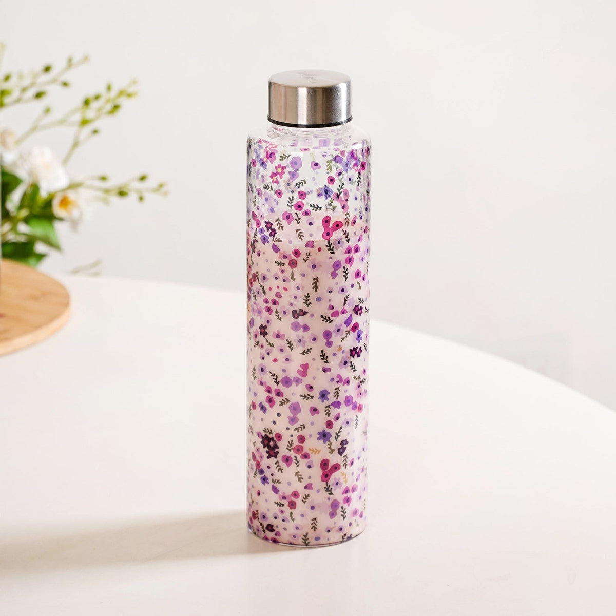 Purple Daisy Leakproof Borosilicate Glass Water Bottle With Lid 1000ml Nestasia