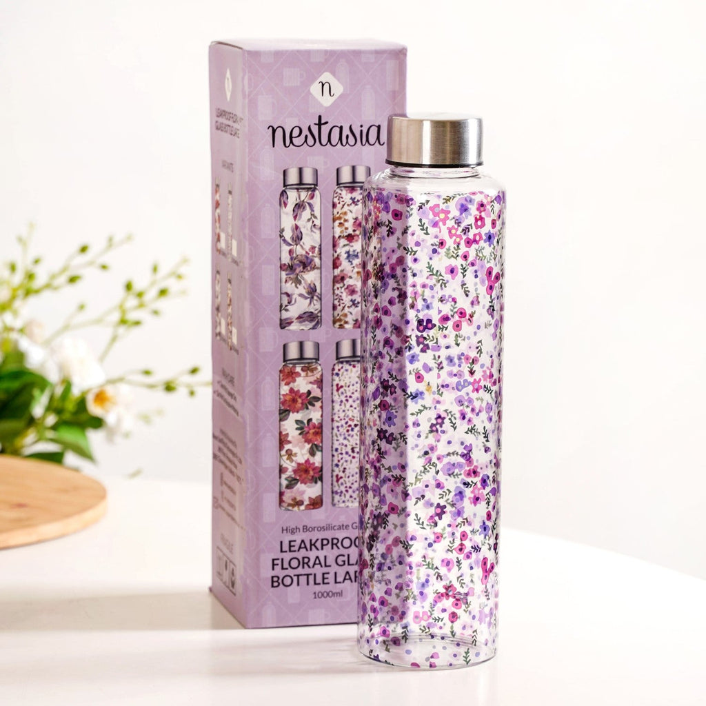 Purple Daisy Leakproof Borosilicate Glass Water Bottle With Lid 1000ml Nestasia