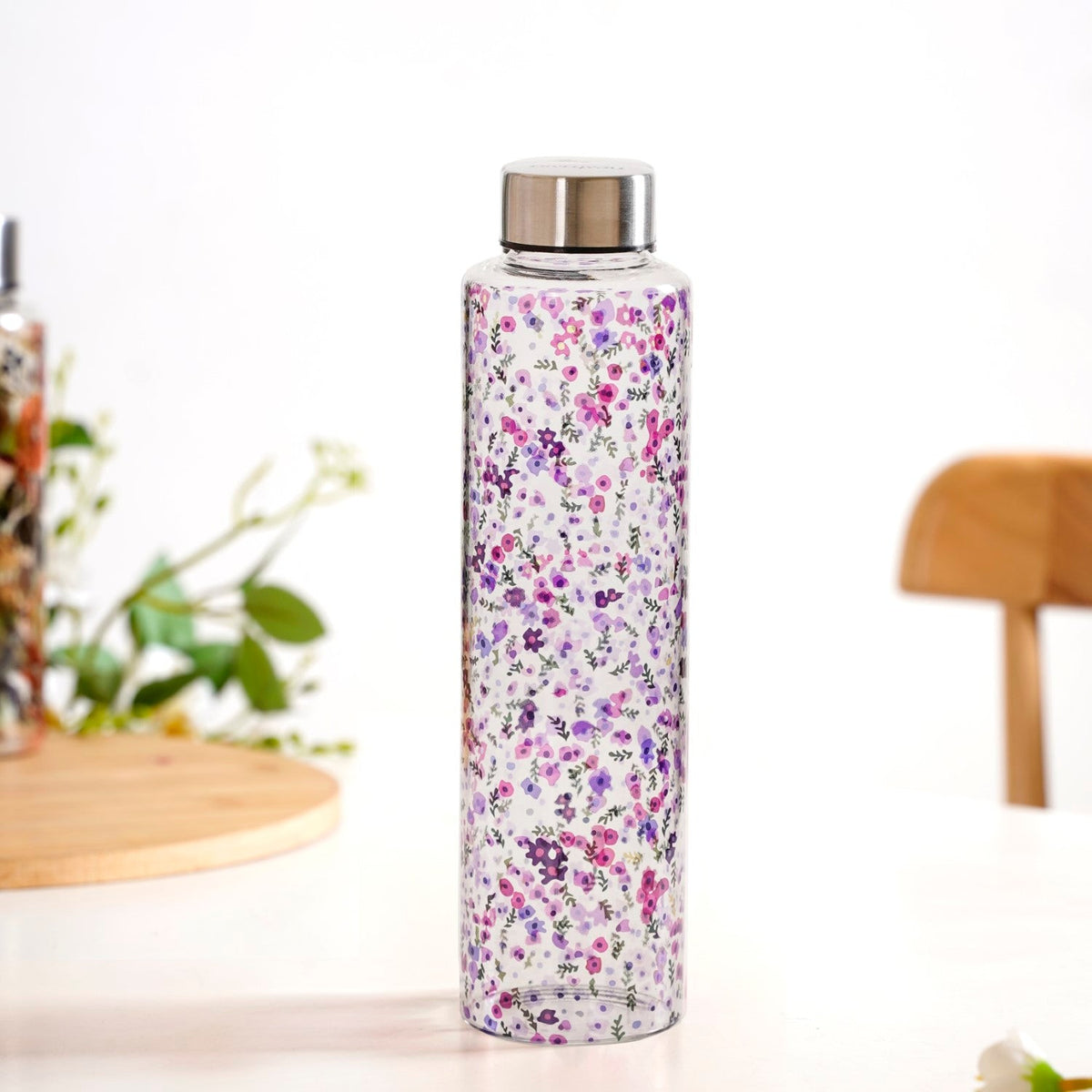 Purple Daisy Leakproof Borosilicate Glass Water Bottle With Lid 1000ml Nestasia