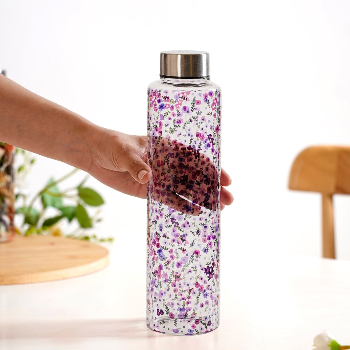 Purple Daisy Leakproof Borosilicate Glass Water Bottle With Lid 1000ml Nestasia