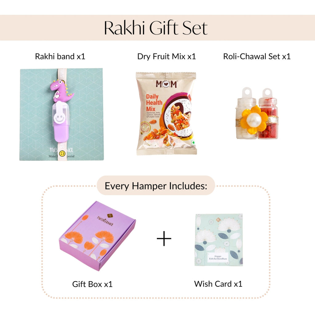 Purple Dino Rakhi Gift Set Nestasia