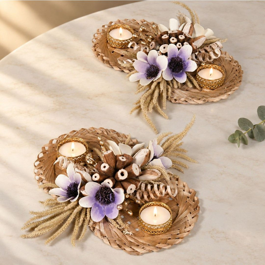 Purply Sustainable Handmade Bamboo Tealight Holder Set Of 2 Nestasia