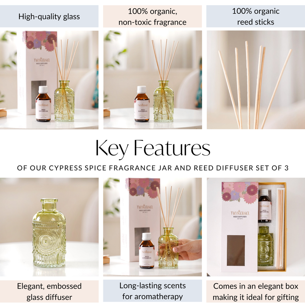 Cypress Spice Fragrance Jar And Reed Diffuser Set Of 3 Nestasia