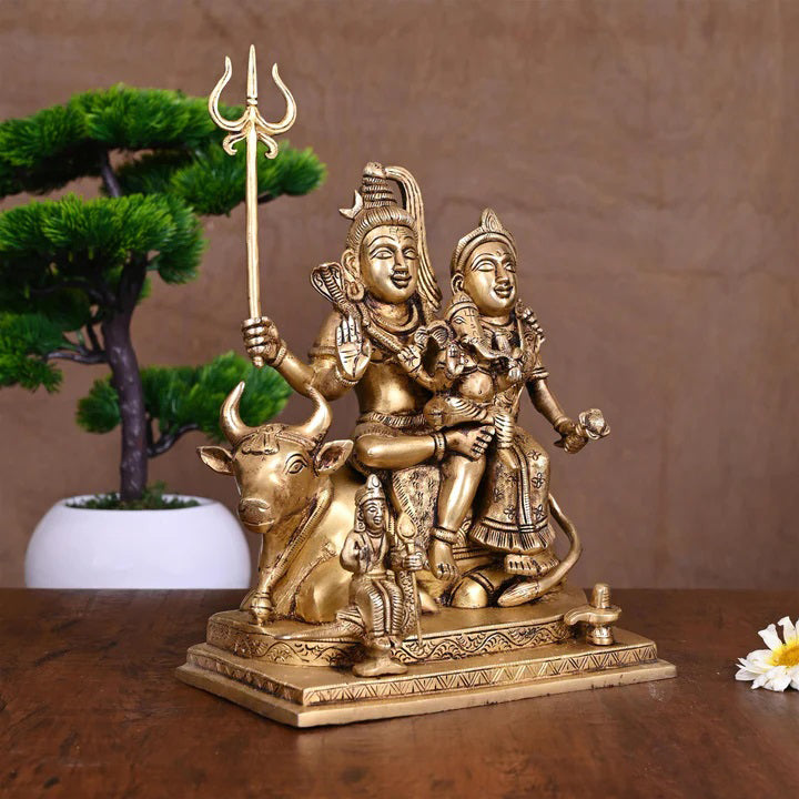 Brass Shiva Family Statue Sitting on Nandi (10.5 Inch) Vedansh Craft
