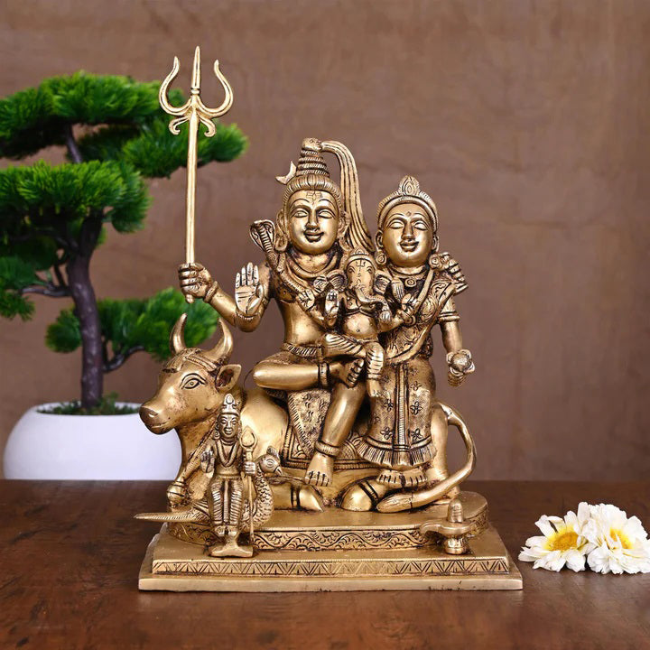 Brass Shiva Family Statue Sitting on Nandi (10.5 Inch) Vedansh Craft