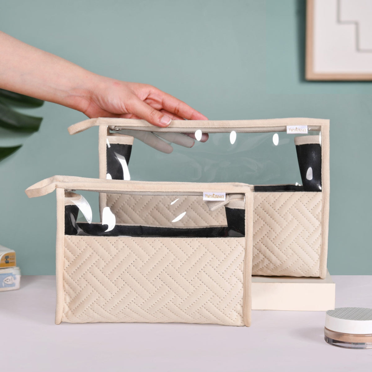 Quilted Cream White Nesting Travel Pouch Set Of 2 Nestasia