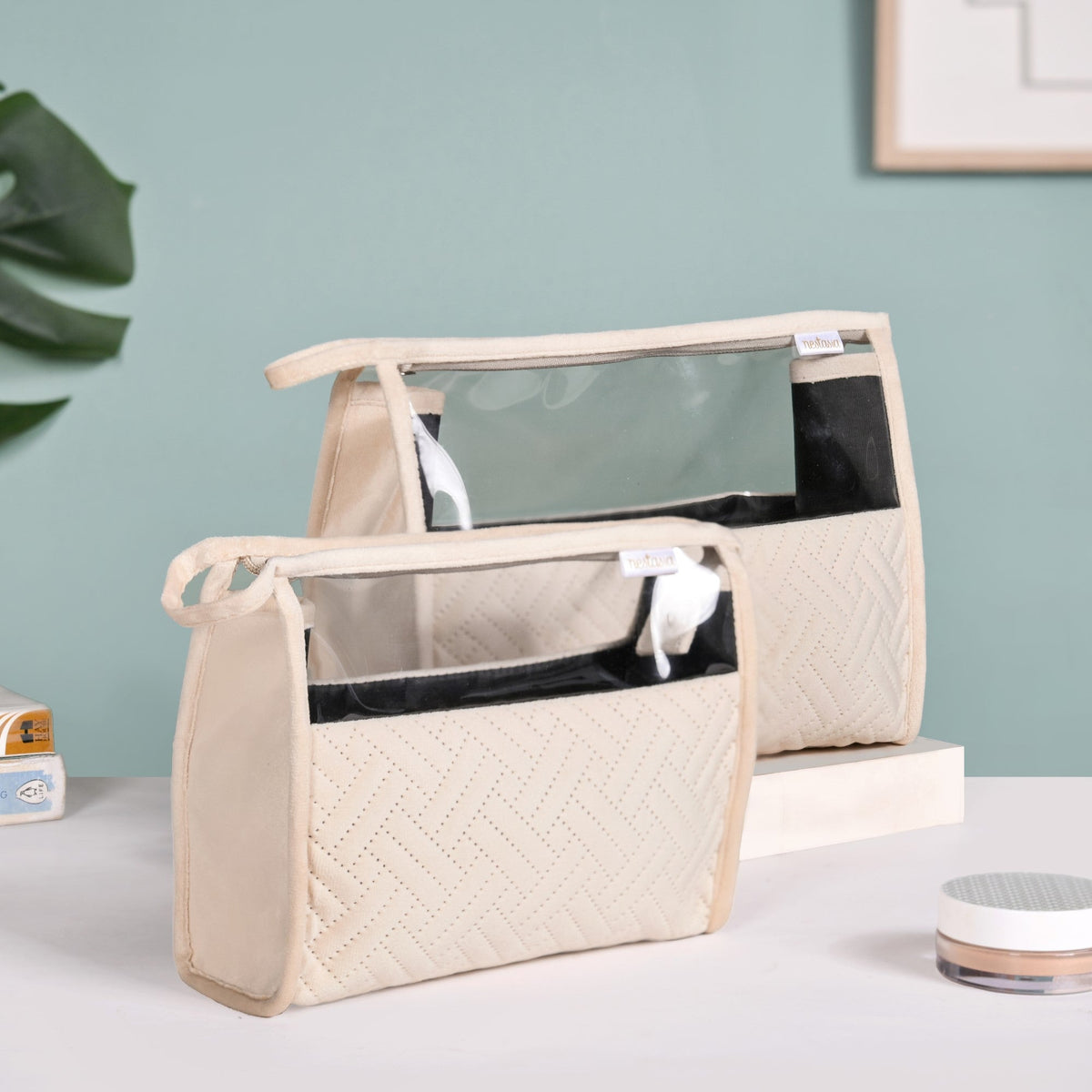 Quilted Cream White Nesting Travel Pouch Set Of 2 Nestasia