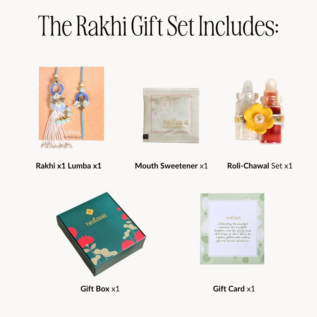 Bloom Bond Rakhi Lumba Set In Blue Nestasia