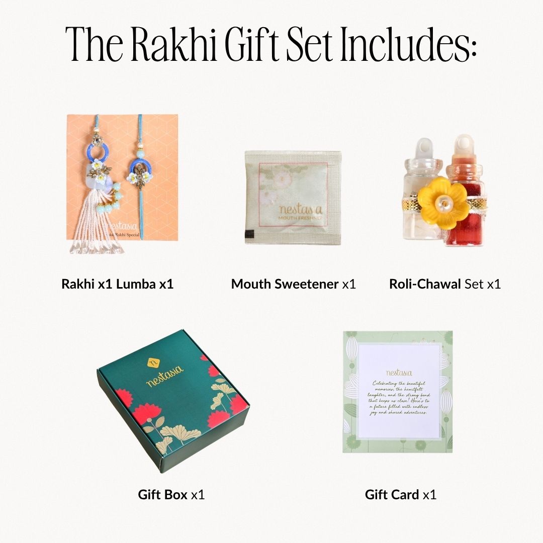 Bloom Bond Rakhi Lumba Set In Blue Nestasia