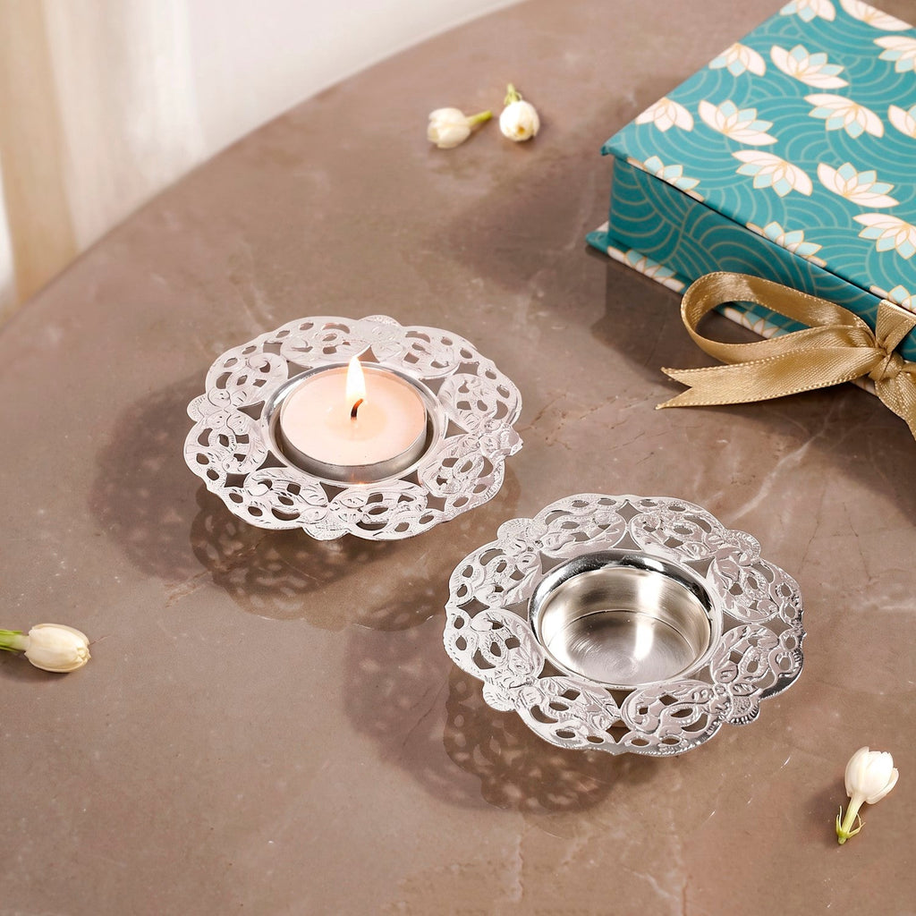 Radiance Silver Plated Brass Tealight Holder Set Of 2 In Gift Box Nestasia
