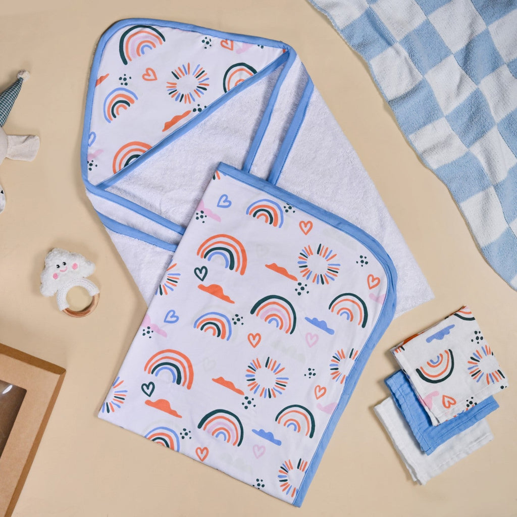 Rainbow Toddler Gift Hamper With Swaddle Towel Napkin Rattle Set Of 6 Nestasia