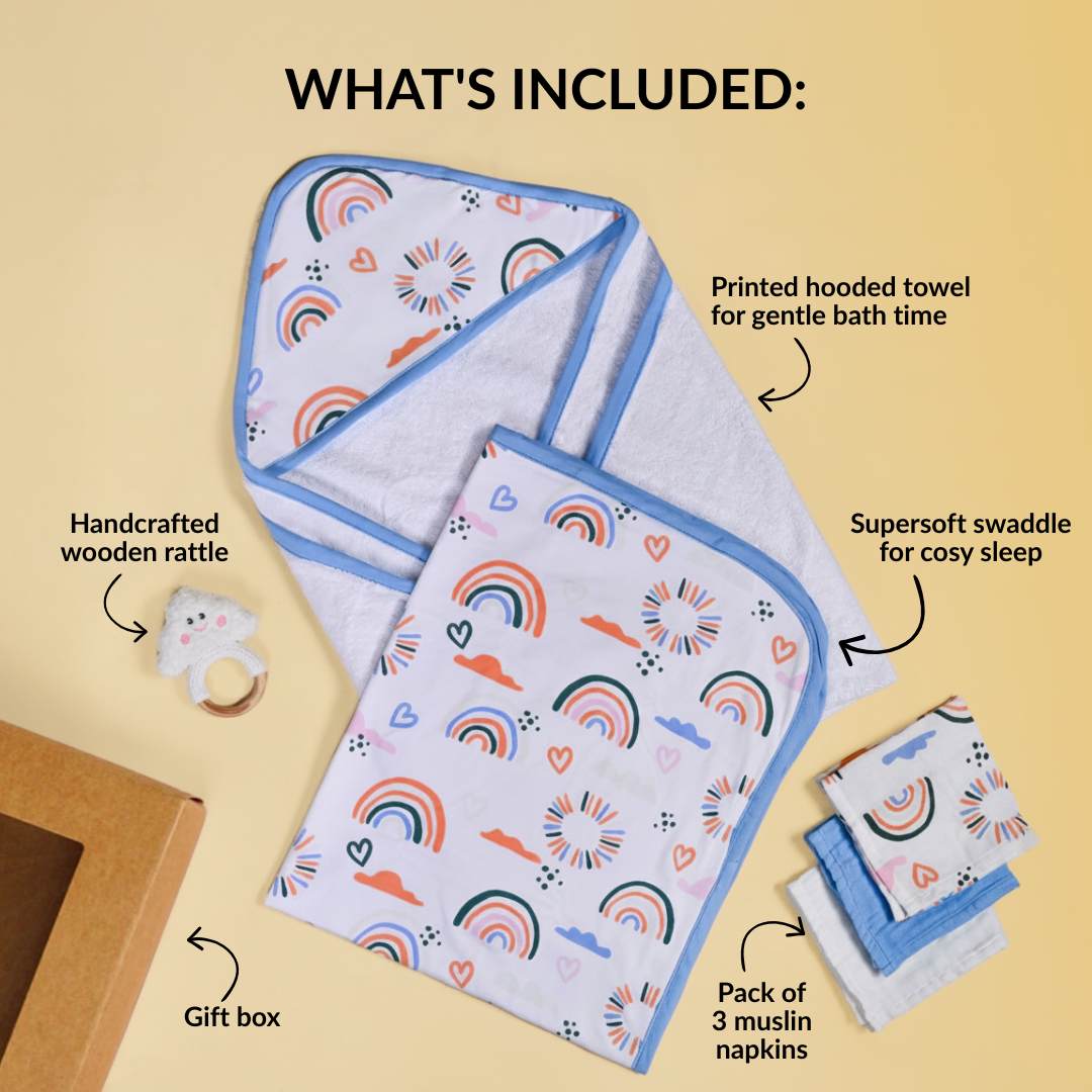 Rainbow Toddler Gift Hamper With Swaddle Towel Napkin Rattle Set Of 6 Nestasia
