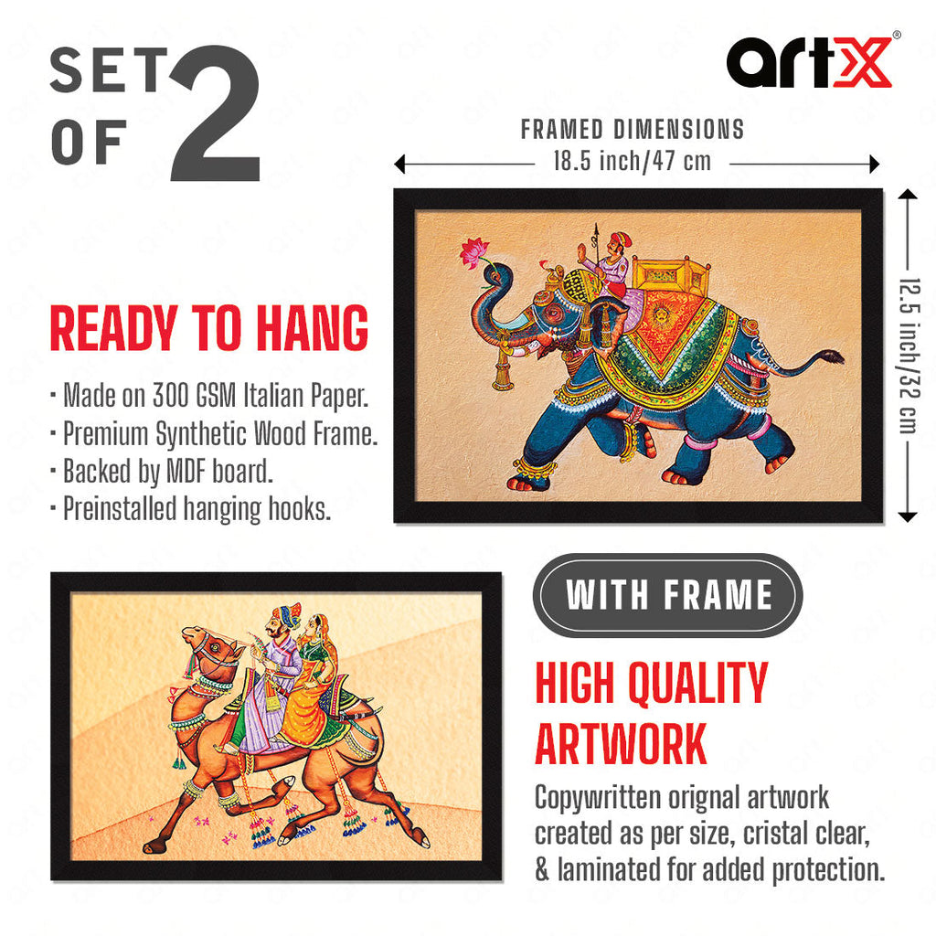 ArtX Rajasthani Elephant and Camel Indian Wall Art Painting, Multicolor, Set Of 2 AXII-11-113-196 ArtX