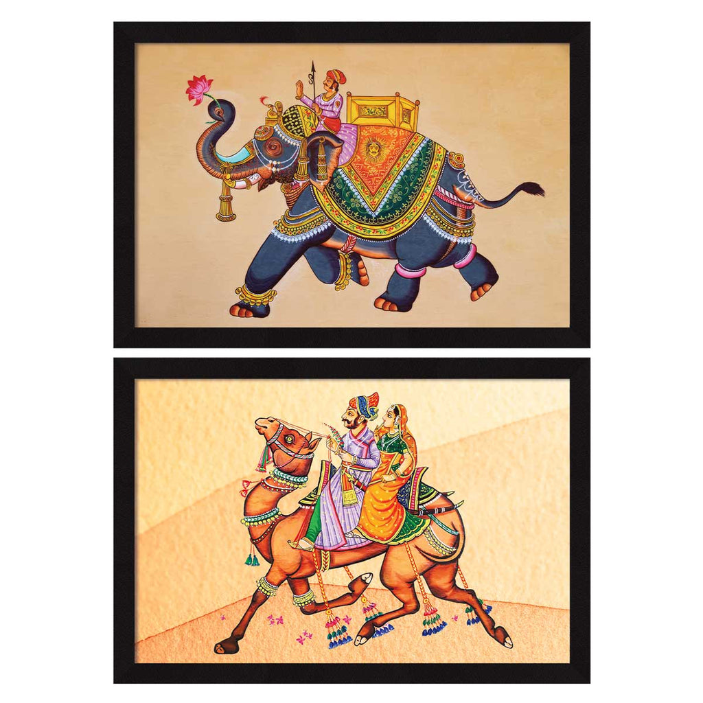 ArtX Rajasthani Elephant and Camel Indian Wall Art Painting, Multicolor, Set Of 2 AXII-11-113-196 ArtX