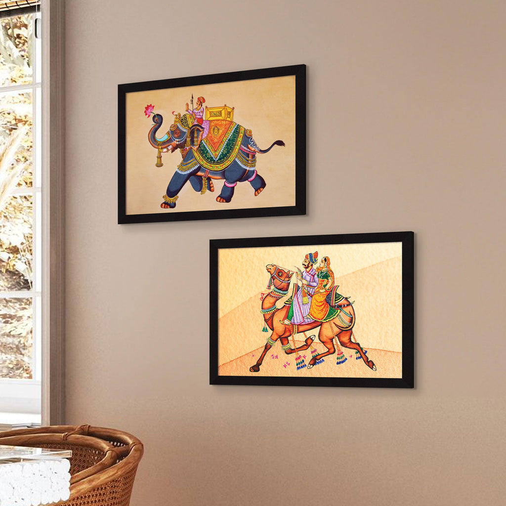 ArtX Rajasthani Elephant and Camel Indian Wall Art Painting, Multicolor, Set Of 2 AXII-11-113-196 ArtX