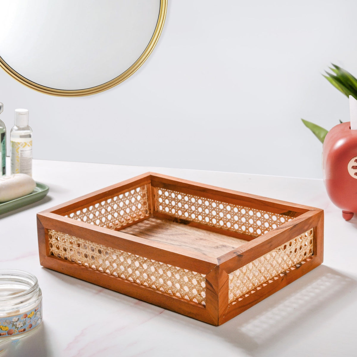 Cane Rectangular Wooden Tray Nestasia