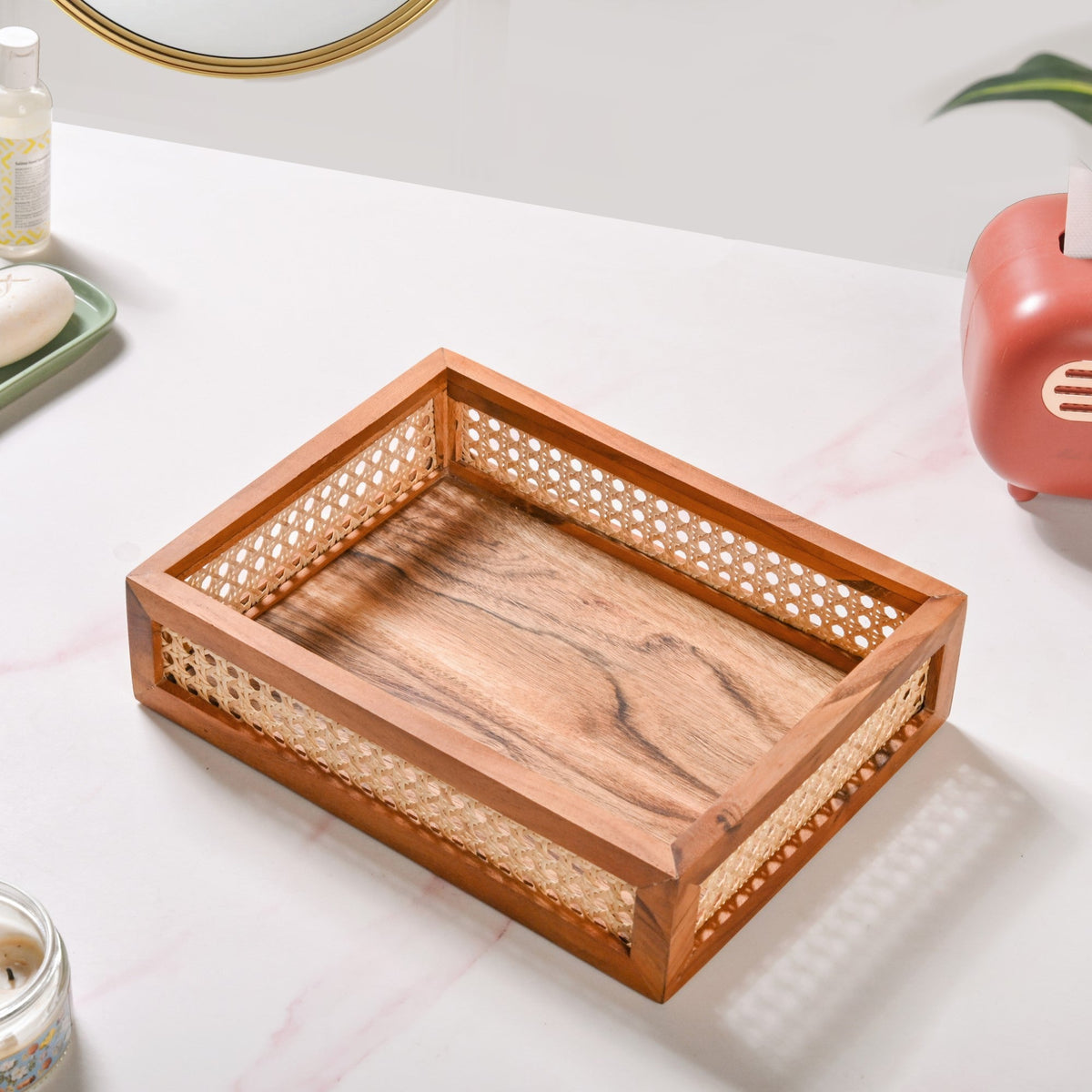 Cane Rectangular Wooden Tray Nestasia