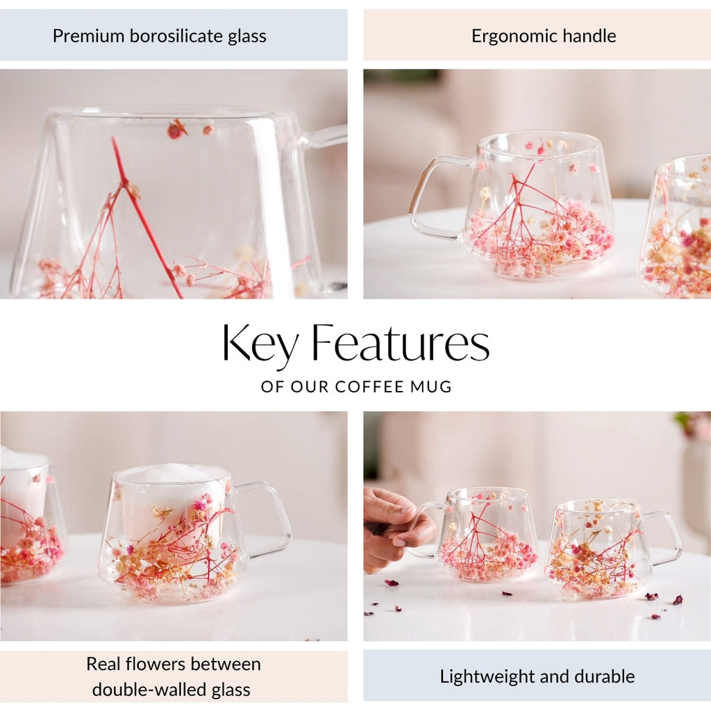 Real Flower Inside Double Wall Glass Cup Set Of 2 180ml Nestasia