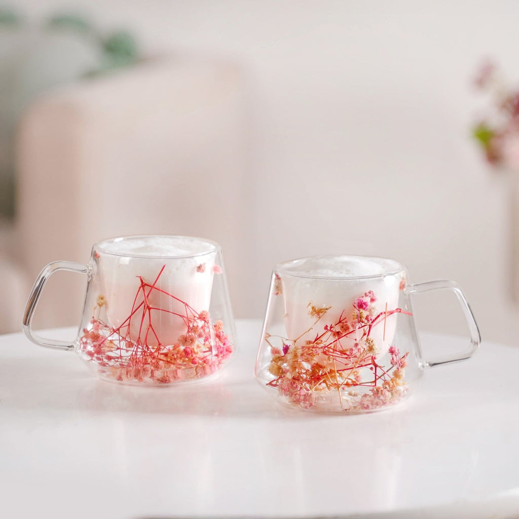 Real Flower Inside Double Wall Glass Cup Set Of 2 180ml Nestasia